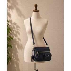 Tignanello Women Blue Pebble Leather Zipper Multi Pocket Crossbody Shoulder Bag